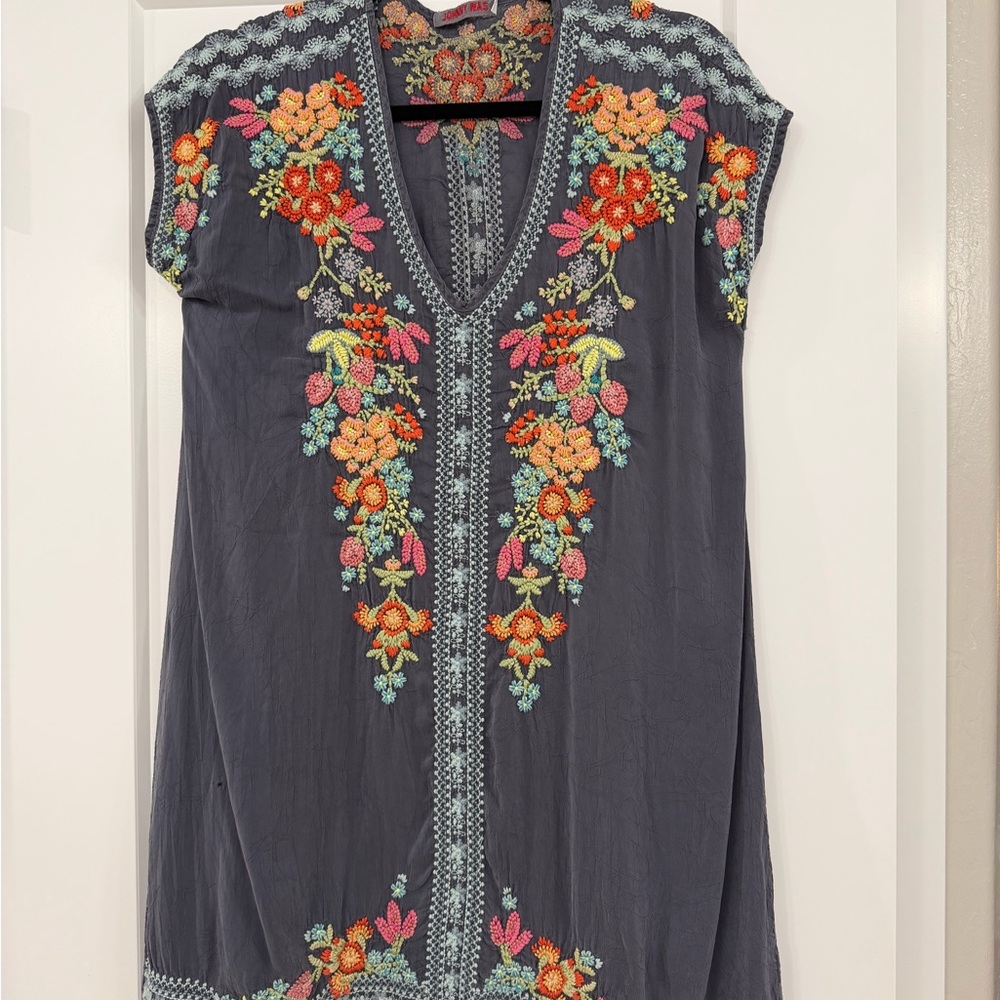 Authentic Johnny Was Embroidered Tunic Dress | Size S | Gray Floral Boho